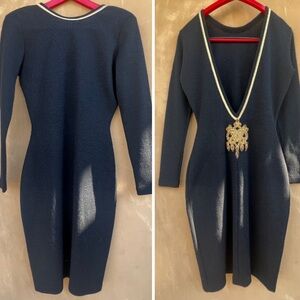 Vintage Andrea Jovine Gold Embroidery Deep V-Back 90s Elegant Black Dress XS